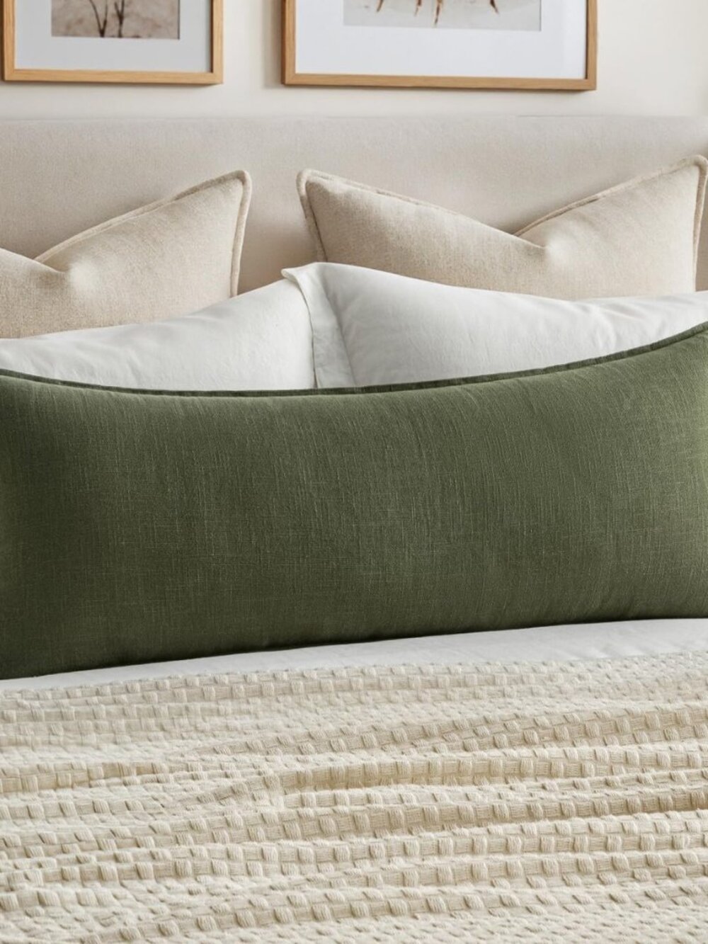 Decorative Linen Lumbar Pillow Cover 14x36 Inch Dark Olive Green
